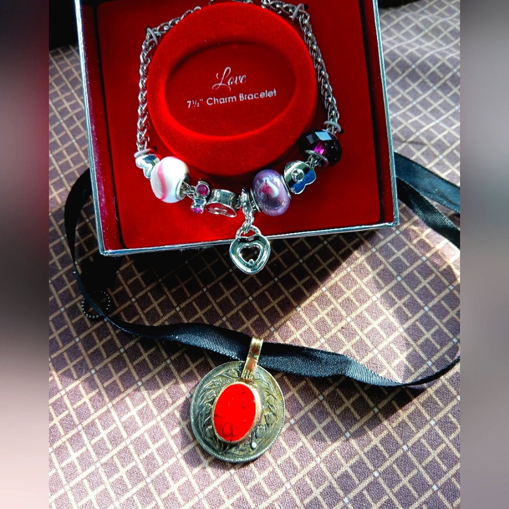 Coin necklace w/ orange stone & silver charm bracelet nwts in box.